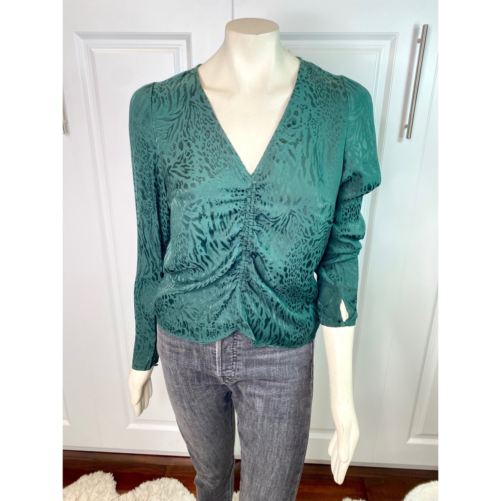 H&M Jacquard-Weave Satin Effect V-neck Blouse Subtle Leopard Print